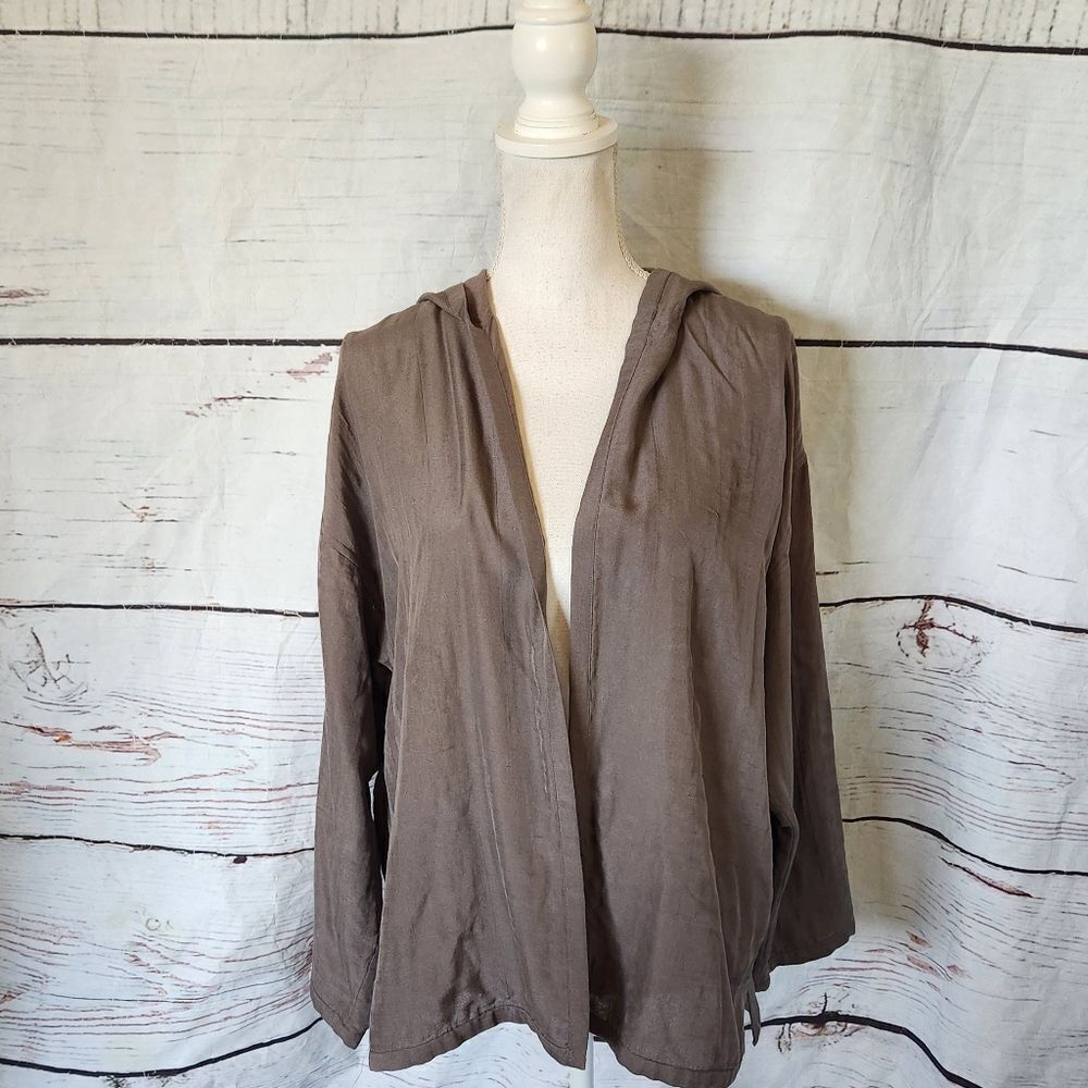 Eileen Fisher Hooded Open Front Silk Jacket Size Medium